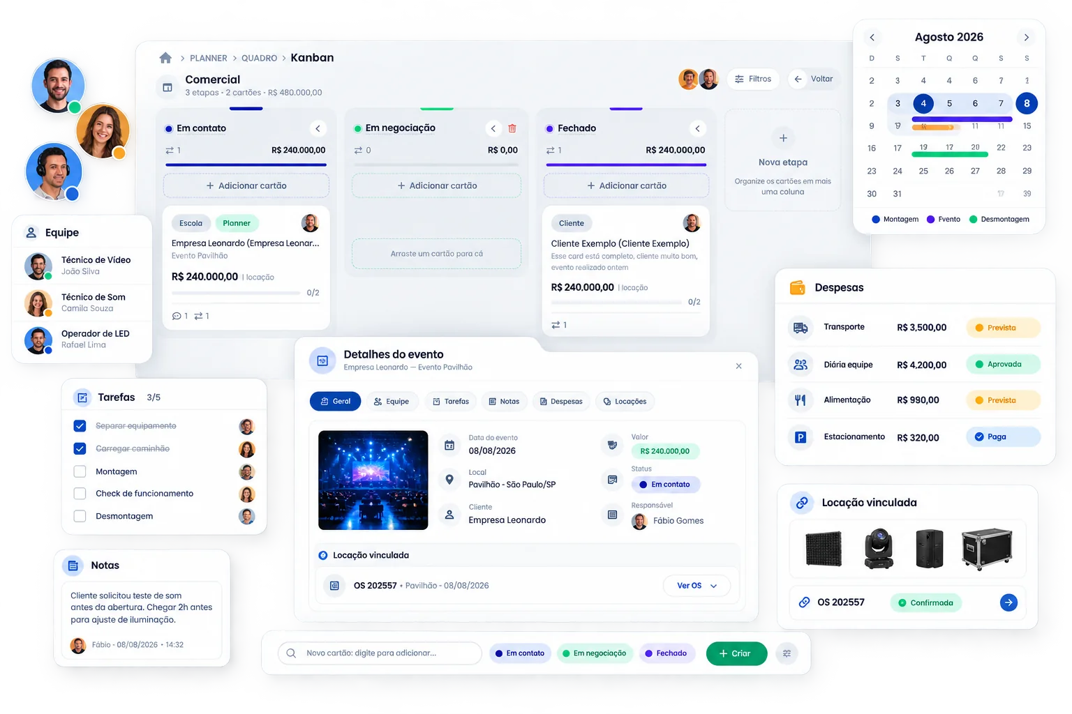 Planner kanban do Nixloc com etapas, tarefas e despesas do evento